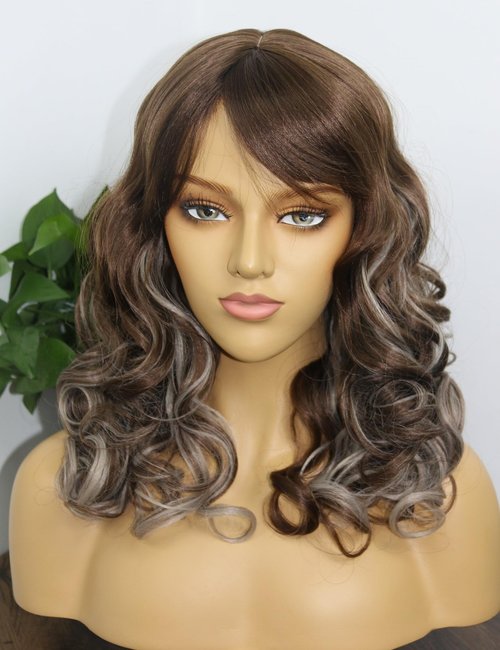 MSMYRNS Platinum Blonde Highlights Dark Brown Synthetic Wig With Bangs Glueless No Lace Fringe Unit Kinks Culry Heat Resistant Full Wig African Yaki Texture Girls Women Beauty Quick Wig
