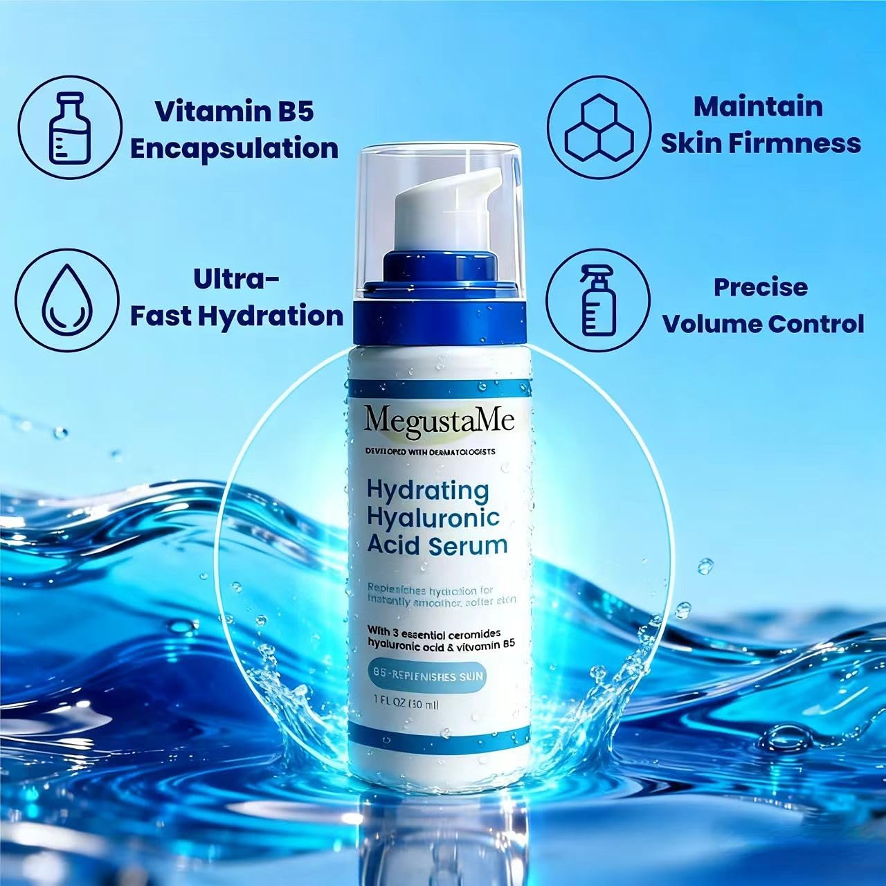 MegustaMe Hydrating Hyaluronic Acid Serum with 3 Ceramides, Vitamin B5 & Niacinamide - Paraben-Free, Replenishes Hydration for Smoother, Softer Skin - 1 Fl Oz (30ml)