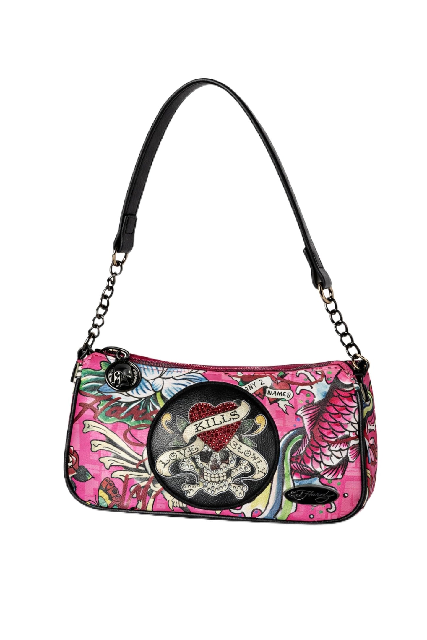 ED HARDY Women's Shoulder Bag, Chain Strap with Charm Detail, Zip Top, 9 x 4 x 2 Inches (Electric Ink Pink)