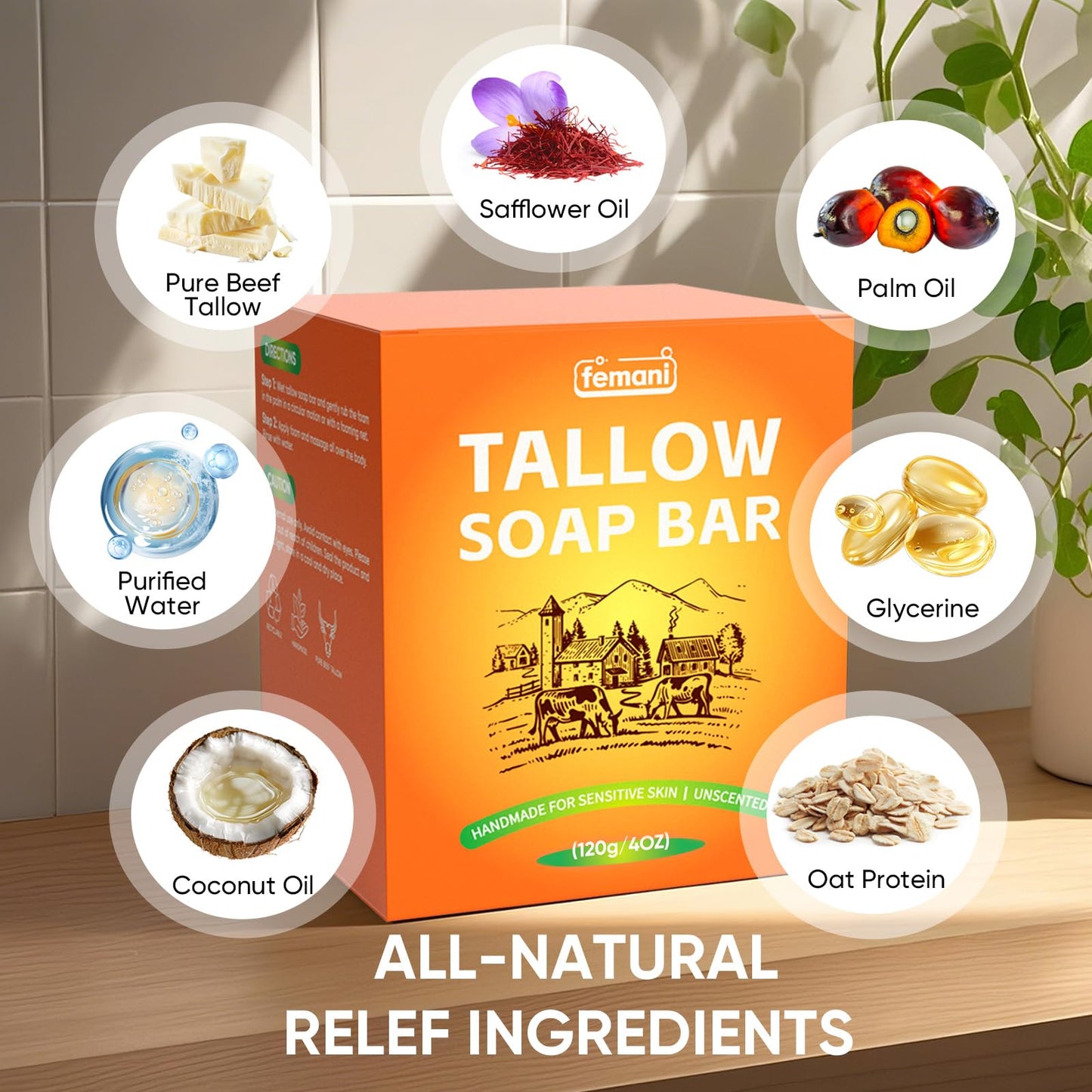 femani Beef Tallow Soap Bar - All Natural and Organic Grass Fed Tallow Soap Unscented - Moisturizes, Soothes, Hydrates Face & Body Wash Great for Itchy, Dry, Sensitive Skin, 4 oz