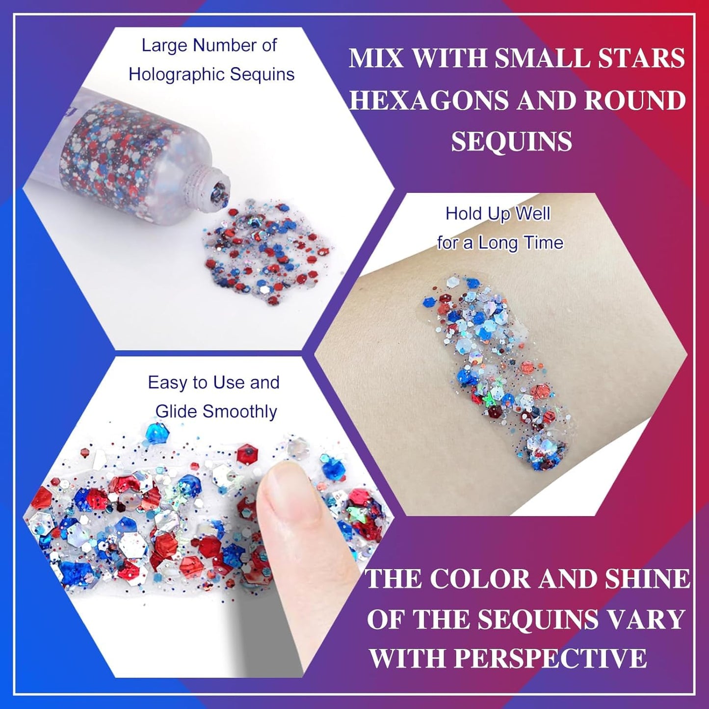 Red White and Blue Body Glitter, 4th of July Glitter Stick, Hair Glitter for Kids, 4th of July Outfits for Women, Self-Adhesive Face Glitter Makeup for Patriotic Independence Day and Veterans Day
