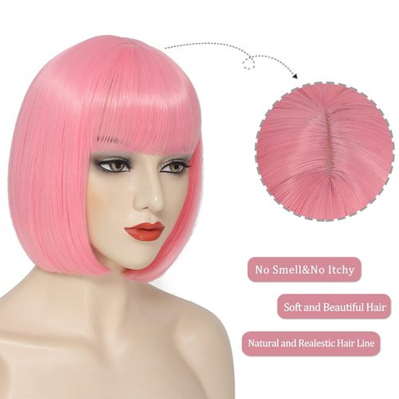 YBYMCAI Pink Bob Wig With Bangs Short Pink Bob Wigs For Women Straight Bob Bangs Wig 10 Inch Heat Resistant Synthetic Hair Natural Looking For Daily Party Use