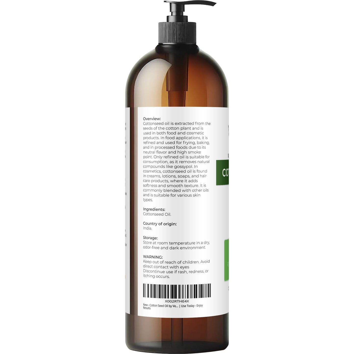 Cotton Seed Oil by Velona - 32 Fl Oz | 100% Pure and Natural Carrier Oil | Refined, Cold pressed | Cooking, Skin, Face, Body, Hair Care | Use Today - Enjoy Results