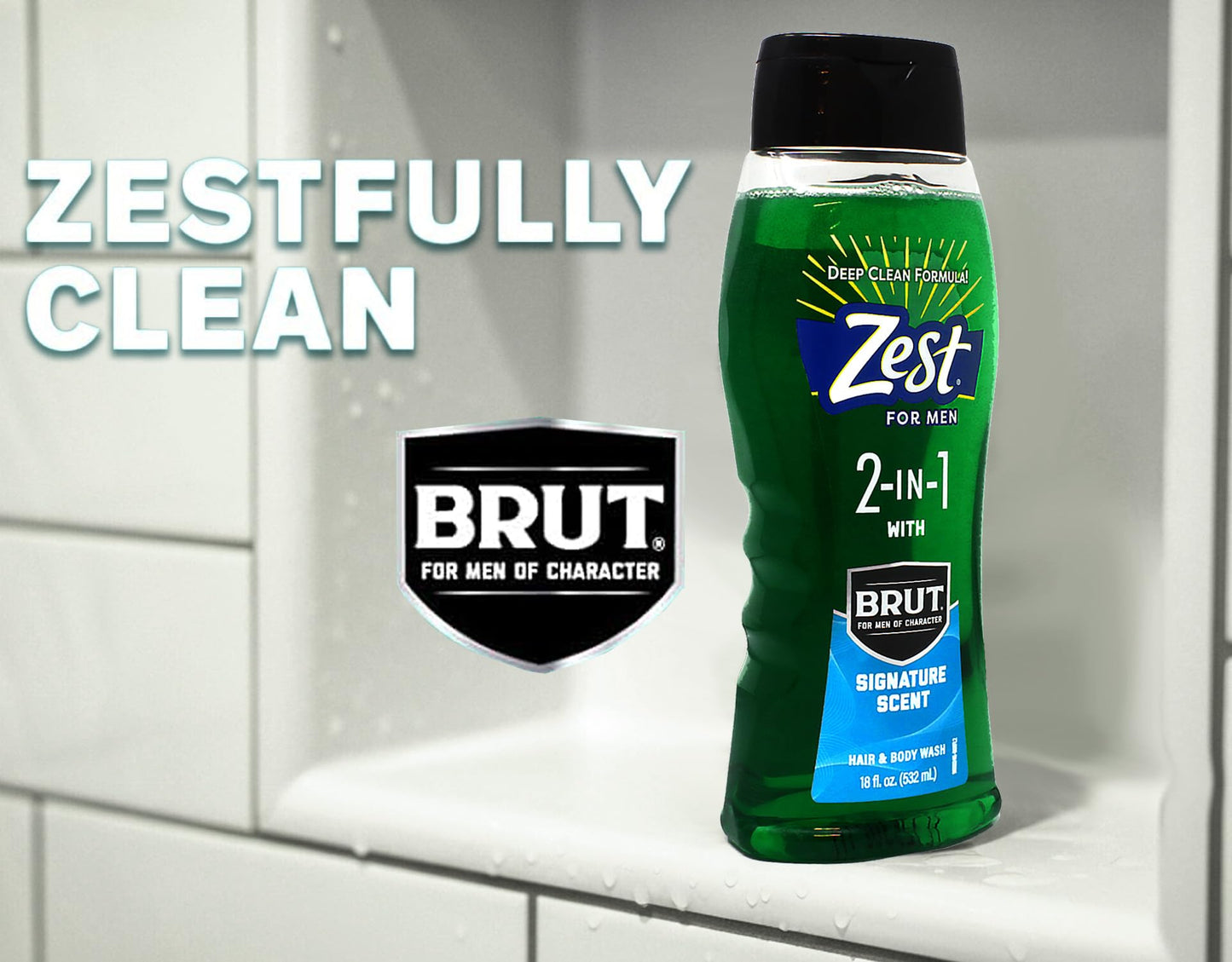 Zest 2-in-1 Hair & Body Wash for Men with BRUT Signature Scent, Deep Clean Formula, 18 fl oz (Pack of 6)