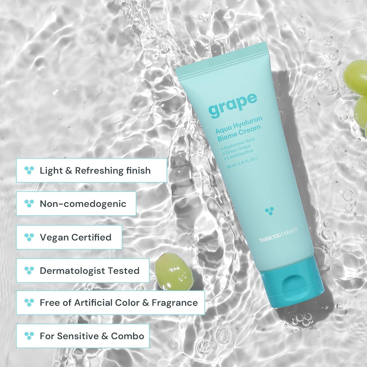 THANKYOU FARMER Grape Aqua Hyaluron Biome Cream, 10 Types Hyaluronic Acid, Non-Comedogenic, Dewy Soft Skin, Lactobacillus Ferment, Korean Moisturizer for Oily Skin 2.81 fl.oz 80ml