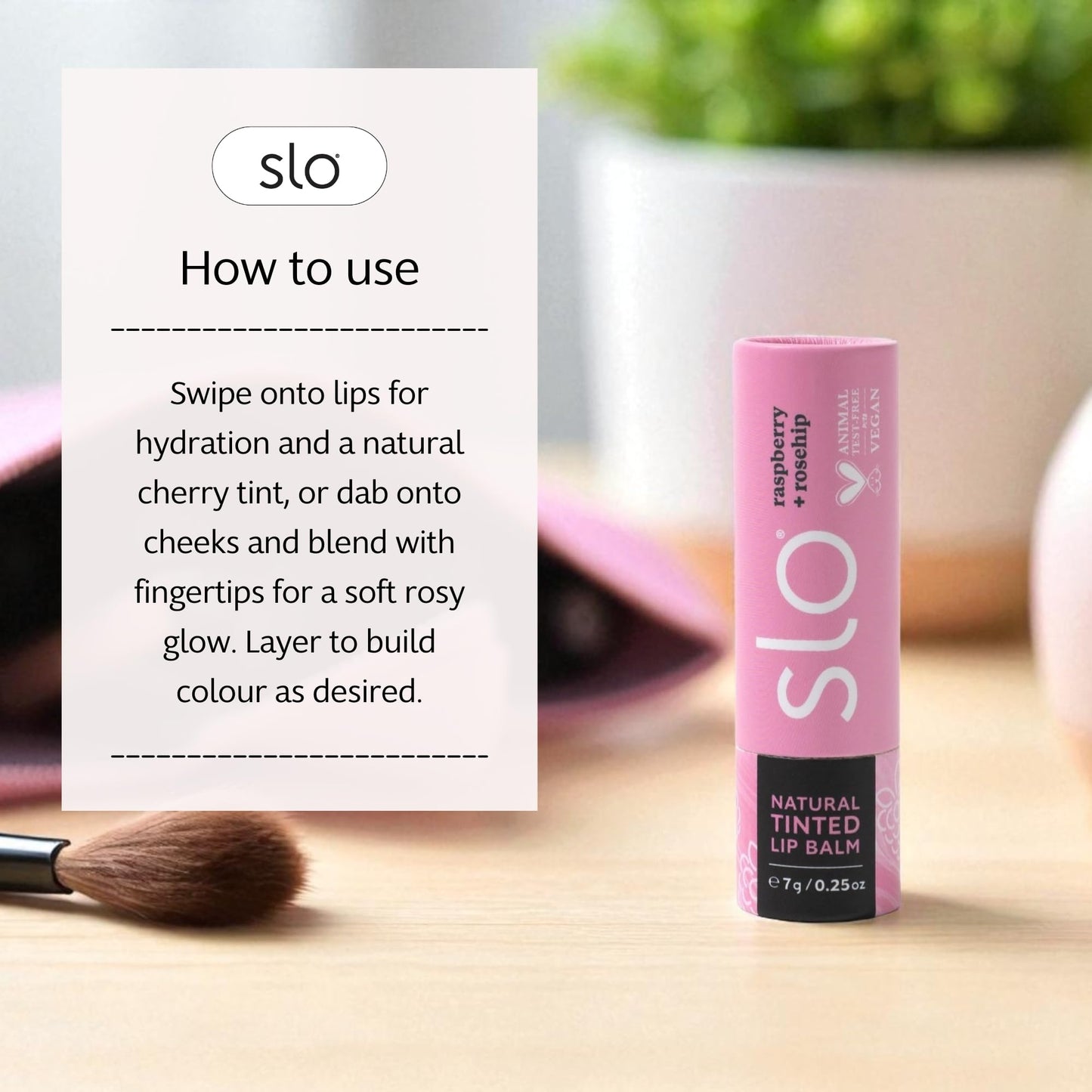 Slo Hydrating Lip Balm - Multi-Use, All Natural Lip Balm and Cheek Tint with Organic Jojoba, Rosehip, Cocoa Butter - Vegan, Cruelty-Free, Paper Packaging - Raspberry + Rosehip (0.28oz/8g)