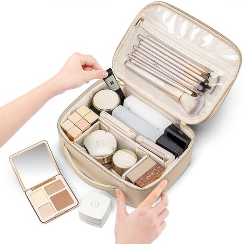 Vlando Travel Makeup Bag,Portable Cosmetic Bag Makeup Case Organizer, Makeup Bag with Adjustable Dividers for Women,Girls,Wedding,Cosmetic Brushes,Toiletry,Gifts,Anniversary-Beige