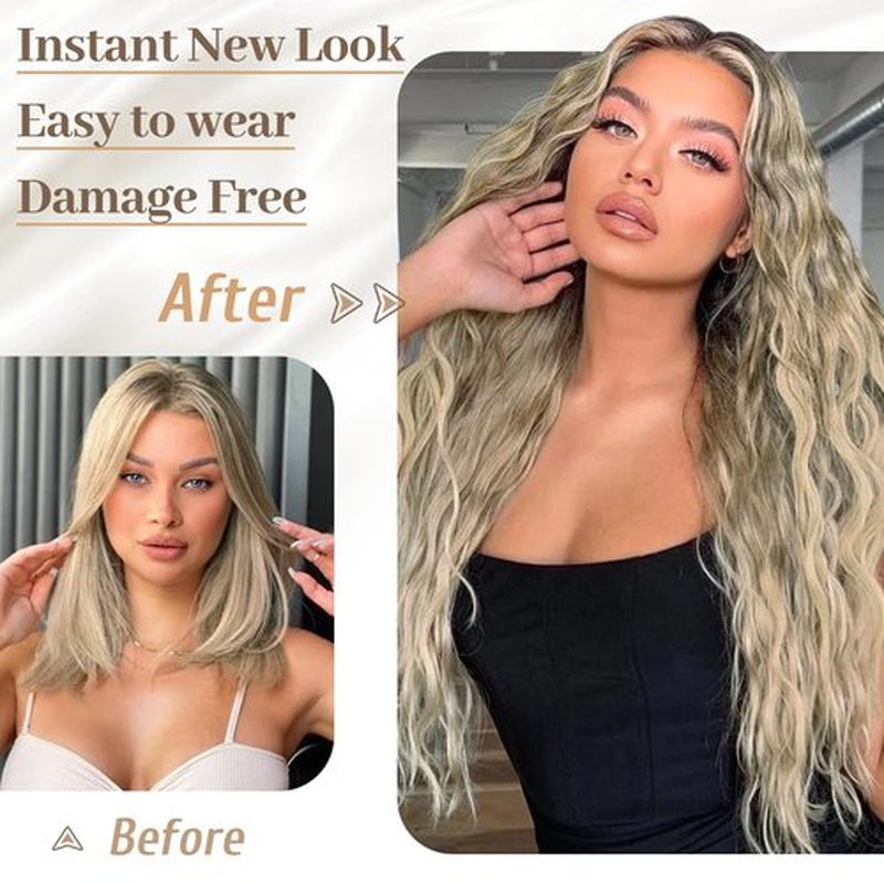 KooKaStyle Hair Extensions, 7PCS Clip in Long Mermaid Wavy Hair Extensions Thick Natural Hairpieces Double Weft for Women Full Head (20 Inch, Dirty Blonde Mix Bleach Blonde)