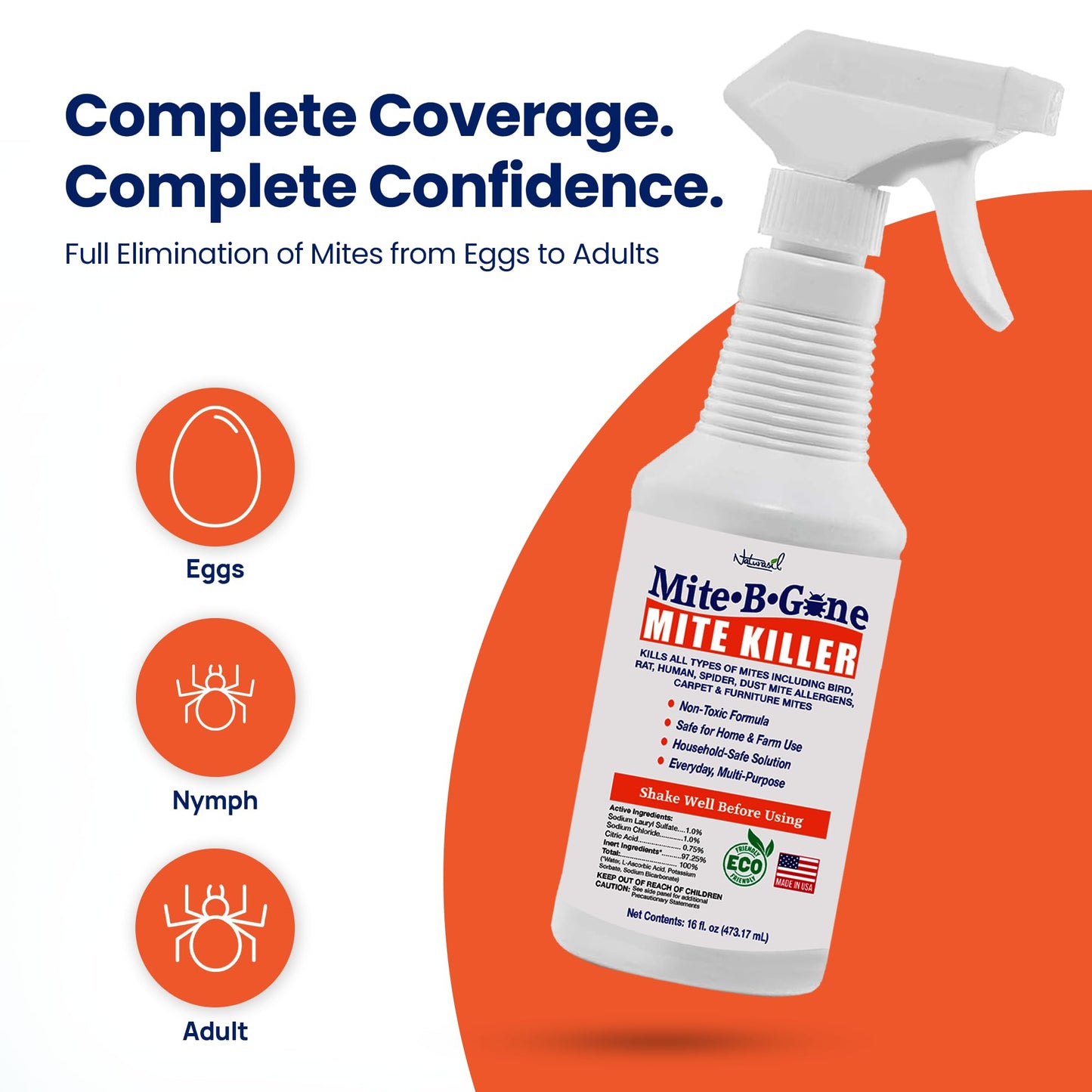 Dust Mite Killer Spray by Mite-B-Gone 16oz | Naturally Kills Human Mites, Chicken, Bird, Dust, Spider, Rat, Turkey, Carpet Mites | Family & Pet Safe Treatment for Homes, Furniture, Bedding & Farms