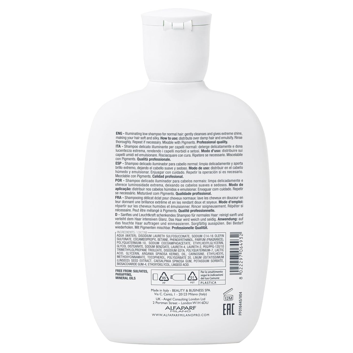 Alfaparf Milano Semi Di Lino Diamond Shine Illuminating Sulfate Free Shampoo - Adds Gloss and Shine - Paraben and Paraffin Free - Safe on Color Treated Hair - Professional Salon Quality