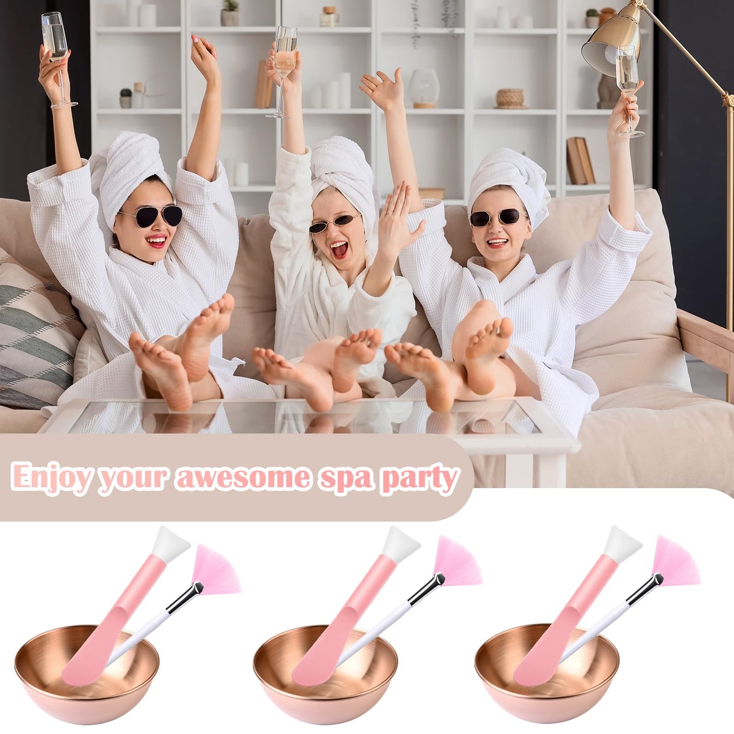 YBSAHLYY 9Pcs Esthetician Supplies kit - 3 Mask Mixing Bowls , 3 Fan Esthetician Brushes & 3 Mask Brushes for Sleepover & Spa Night Celebrations (Rose Gold)