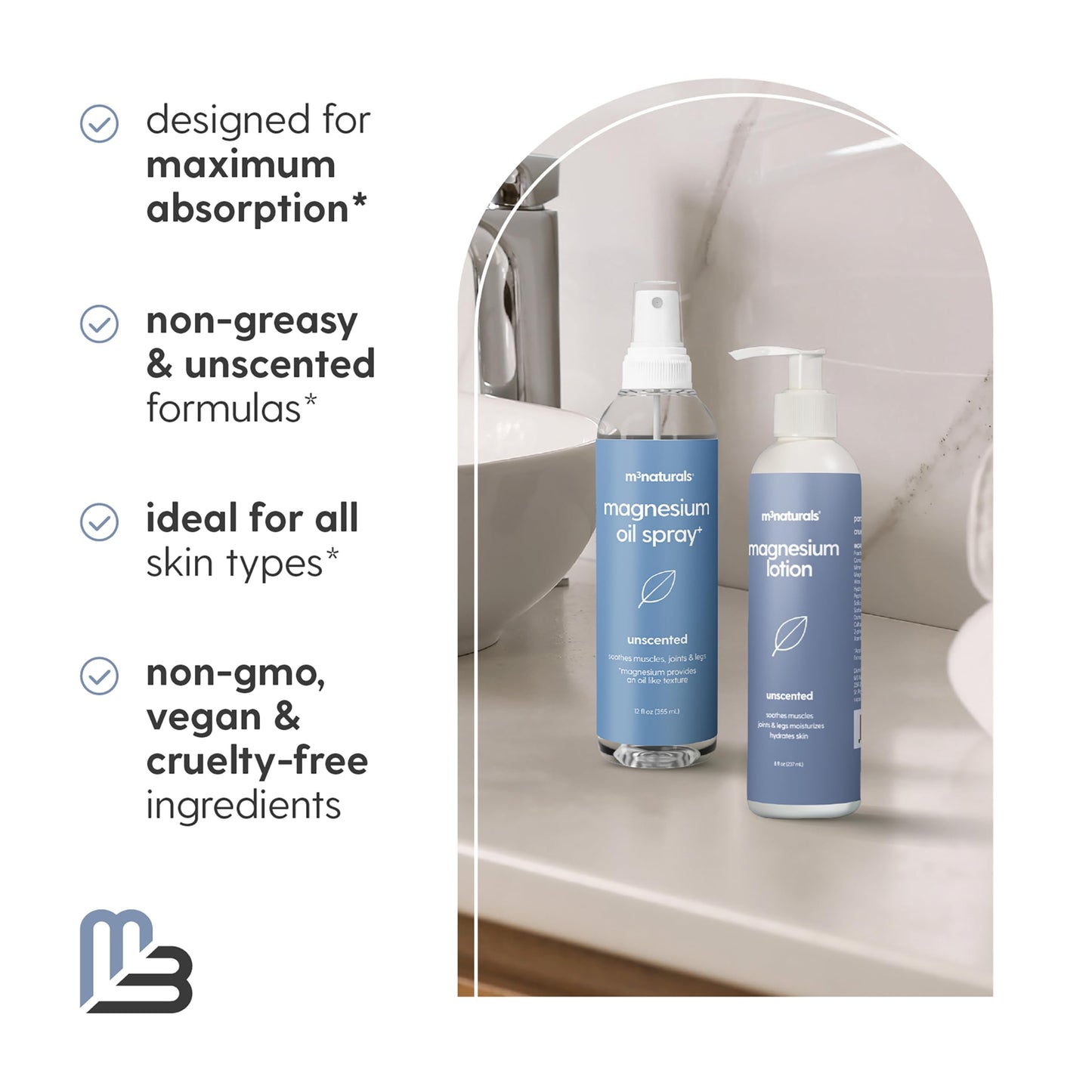 Unscented Magnesium Lotion & Spray for Sleep, Suitable for Sensitive Skin, Helps with Muscle Relaxation, Soothes Tired Legs & Foot Aches and Supports Restful Nights, 8 & 12 fl oz by M3
