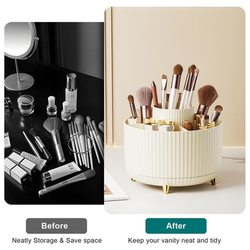 Diesisa Makeup Brush Holder Organizer,360° Rotating Makeup Brush Organizer,5 Slot Make up Brushes Cup for Cosmetics, Nail Polish, Art Supply, Bathroom Vanity Desktop Organizer - Cream