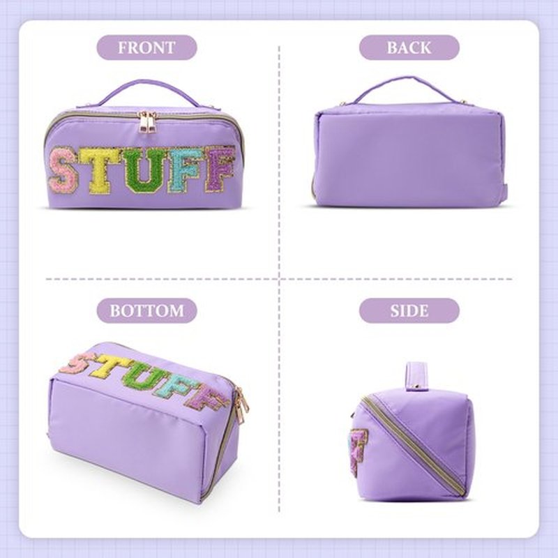 LONEDREAM Stoney Clover Preppy Makeup Bag, Large Capacity Travel Cosmetic Bag, Chenille Letter Open Flat Nylon Bag, Purple