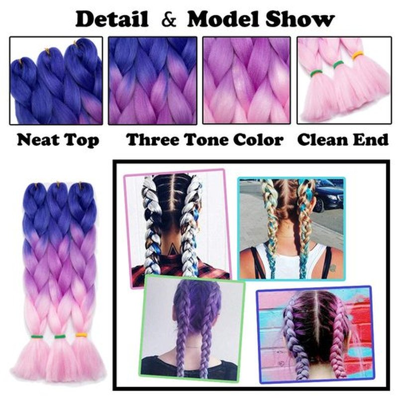 24 Inch Ombre Jumbo Braiding Hair Extensions Jumbo Braid Hair Ombre Long Jumbo Braids For Box Twist Braid Crochet Hair High Temperature Fiber 3 Tone Colored (3 Bundles, Purple to Dark Purple)