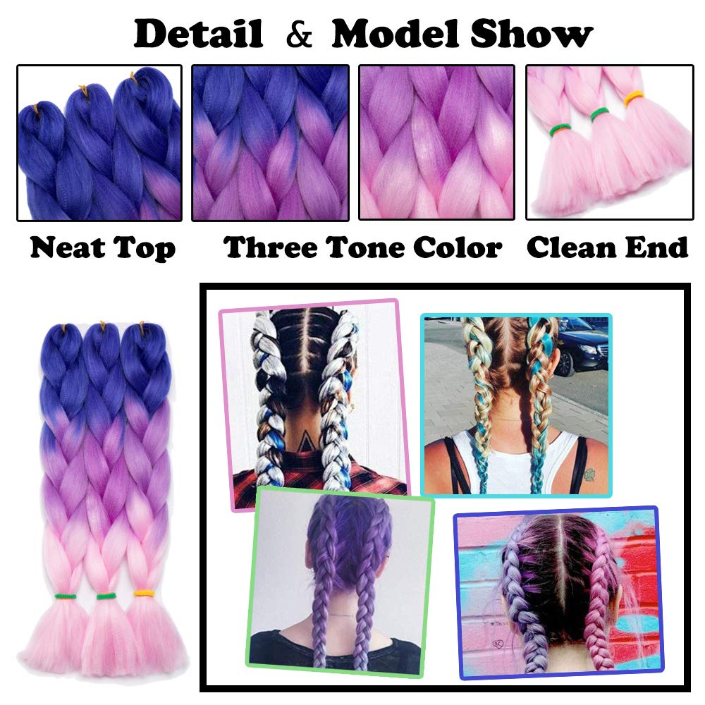 24" Ombre Jumbo Braiding Hair Extensions Jumbo Braid Hair Ombre Long Jumbo Braids For Box Twist Braid Crochet Hair High Temperature 3 Tone Colored (3 Bundles, Purple to Rose Red to Pink)