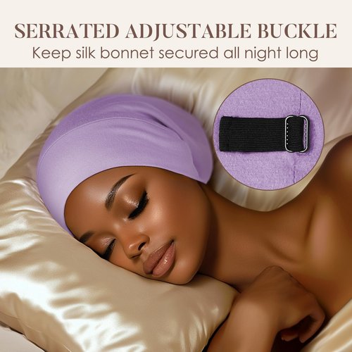 LULUSILK Mulberry Silk Lined Sleep Cap, No More Frizzy Tangled Hair, Stay On All Night Silk Hair Wrap for Sleeping with Adjustable Strap, Silk Bonnet for Women and Men, Lavender, Pack of 1