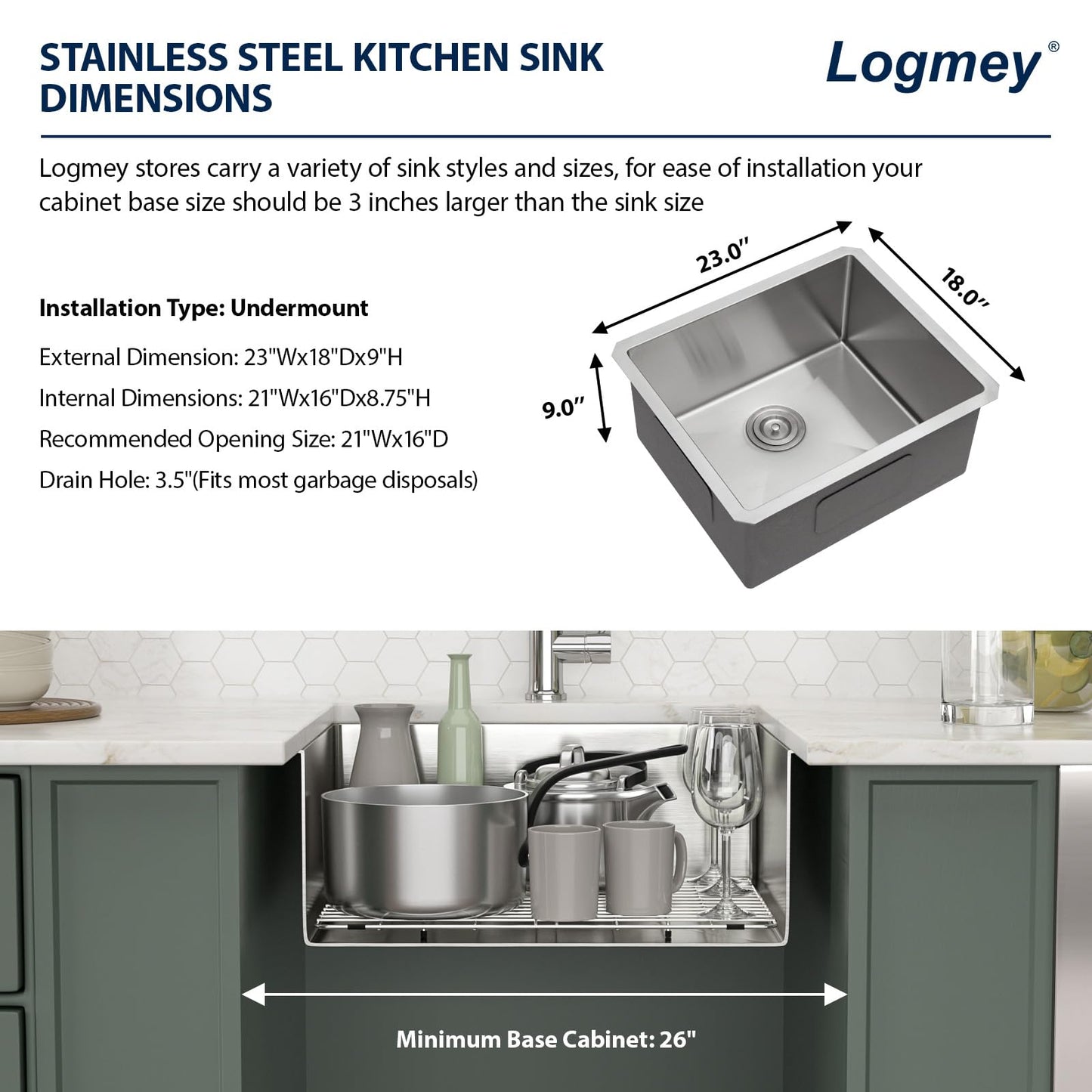 Logmey 23 Inch Undermount Kitchen Sink - 23x18 In Handmade Stainless Steel kitchen Sinks Undermount Bar Sink Single Bowl 16 Gauge RV Sinks Prep Basin 23x18x9 Inches