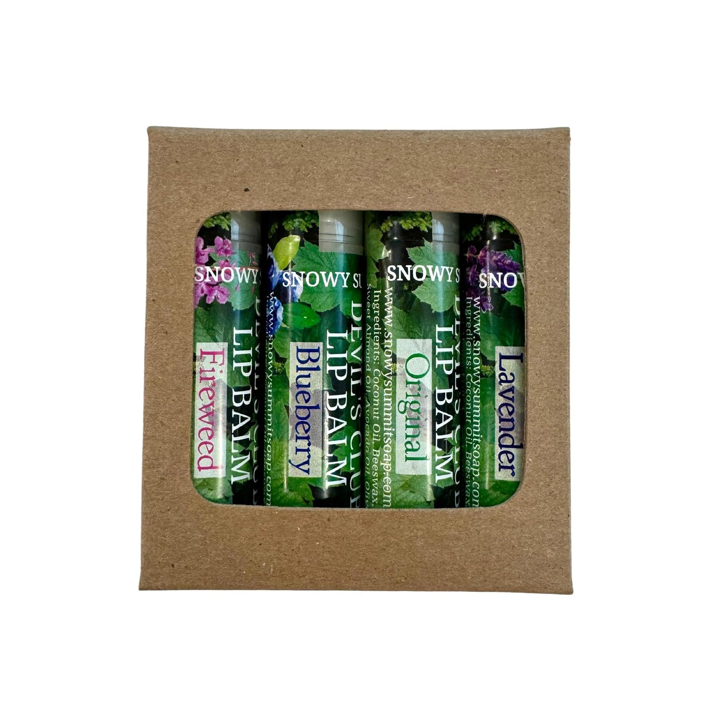 Snowy Summit Devil's Club Lip Balm Set - Contains Fireweed, Lavender, Blueberry - Natural Moisturizing Chapstick with Vitamin E - Handcrafted in Alaska - 4 x .15 oz Tubes for Soft, Smooth Lips