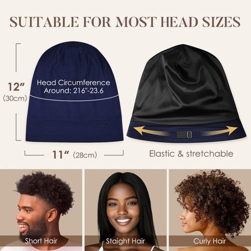 LULUSILK 100% Mulberry Silk Lined Sleep Cap Silk Bonnet for Sleeping, No More Frizzy Tangled Hair, Stay On All Night Adjustable Silk Hair Wrap for Sleeping, Navy Blue, Pack of 1