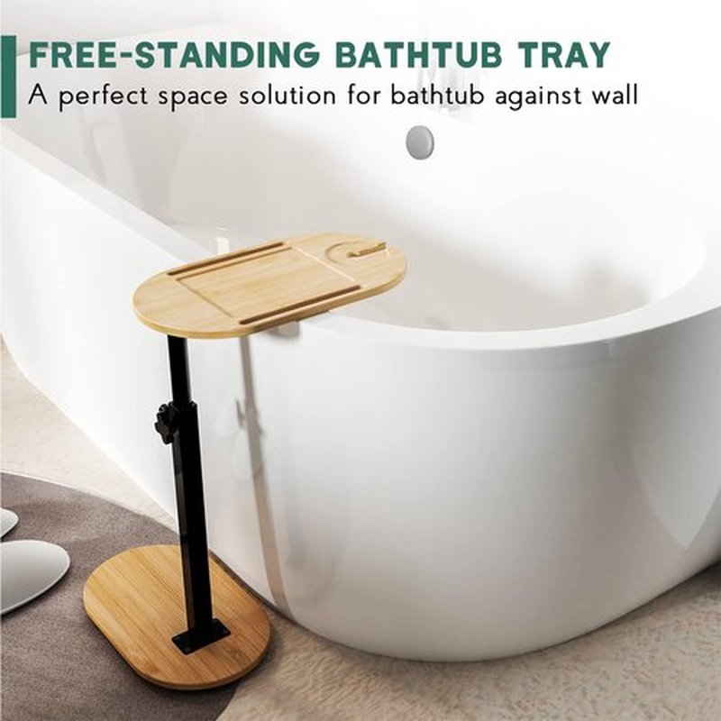 Yumkfoi Bamboo Bathtub Tray Table with Adjustable Height, Freestanding Bath Caddy Tray for Tub Against Wall, Bathtub Side Table for Luxury Bath Home Spa Homewarming - Patent Protected (Natural)