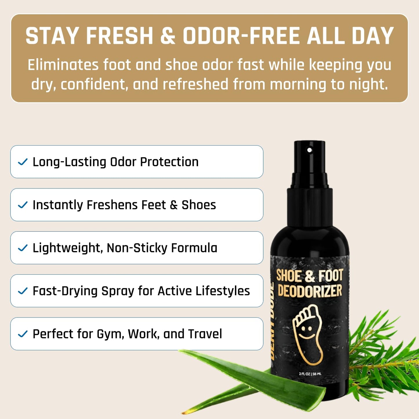 Derm Dude Foot & Shoe Deodorizer Spray | Formulated With All-Natural DeoPlex for Odor Control | Witch Hazel, Aloe Vera, Tea Tree Oil & Peppermint to Freshen Feet & Shoes | Travel Size, Mint Scent 2 oz