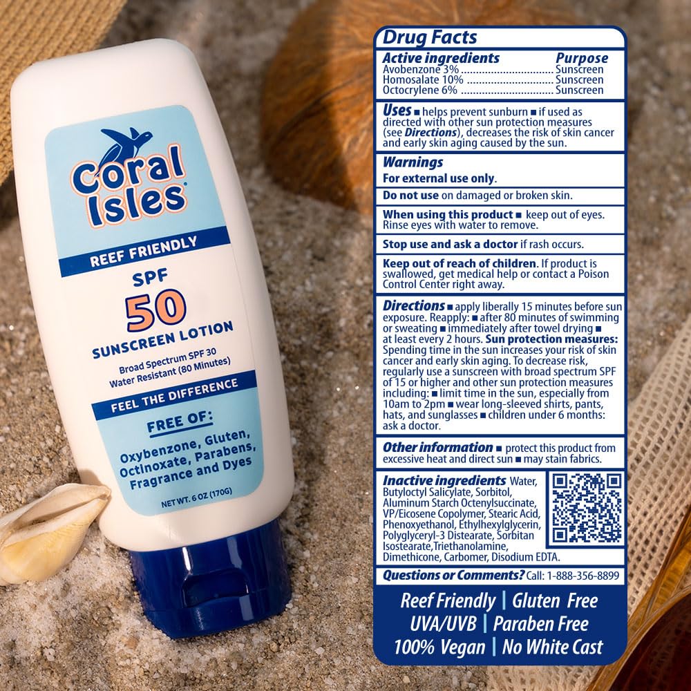 Coral Isles Sunscreen SPF 50 | Hawaii Reef Act Compliant | Octinoxate & Oxybenzone Free | Broad Spectrum UVA/UVB Protection | Water Resistant 80 Min. | Fragrance Free | 6 Fl Oz Lotion