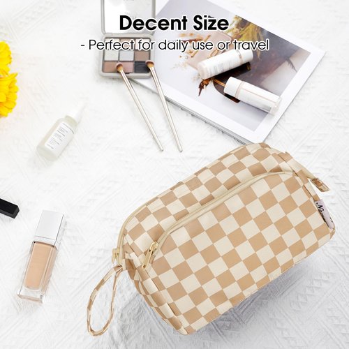 Narwey Large Checkered Makeup Bag Women Wide-open Make up Bag Travel Cosmetic Bag Organizer Toiletry Bag for Cosmetics Toiletries Accessories (Light Checkerboard)