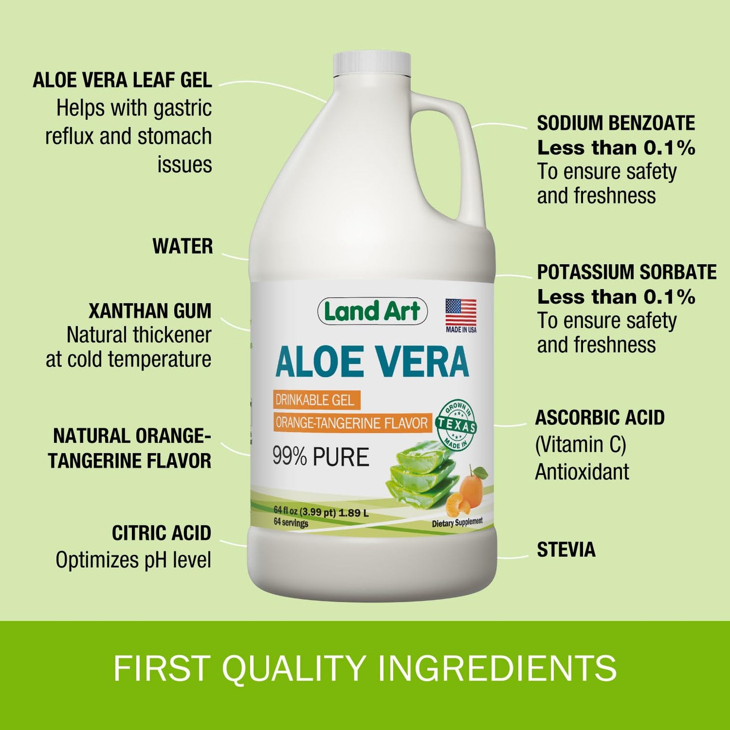 Land Art Pure Aloe Vera Drinkable Gel - Orange Tangerine Flavored - Cold-Processed Inner Filet - from Organic Fresh Leaves from Texas - for Heartburn Relief - Acid Reflux - 64 fl oz