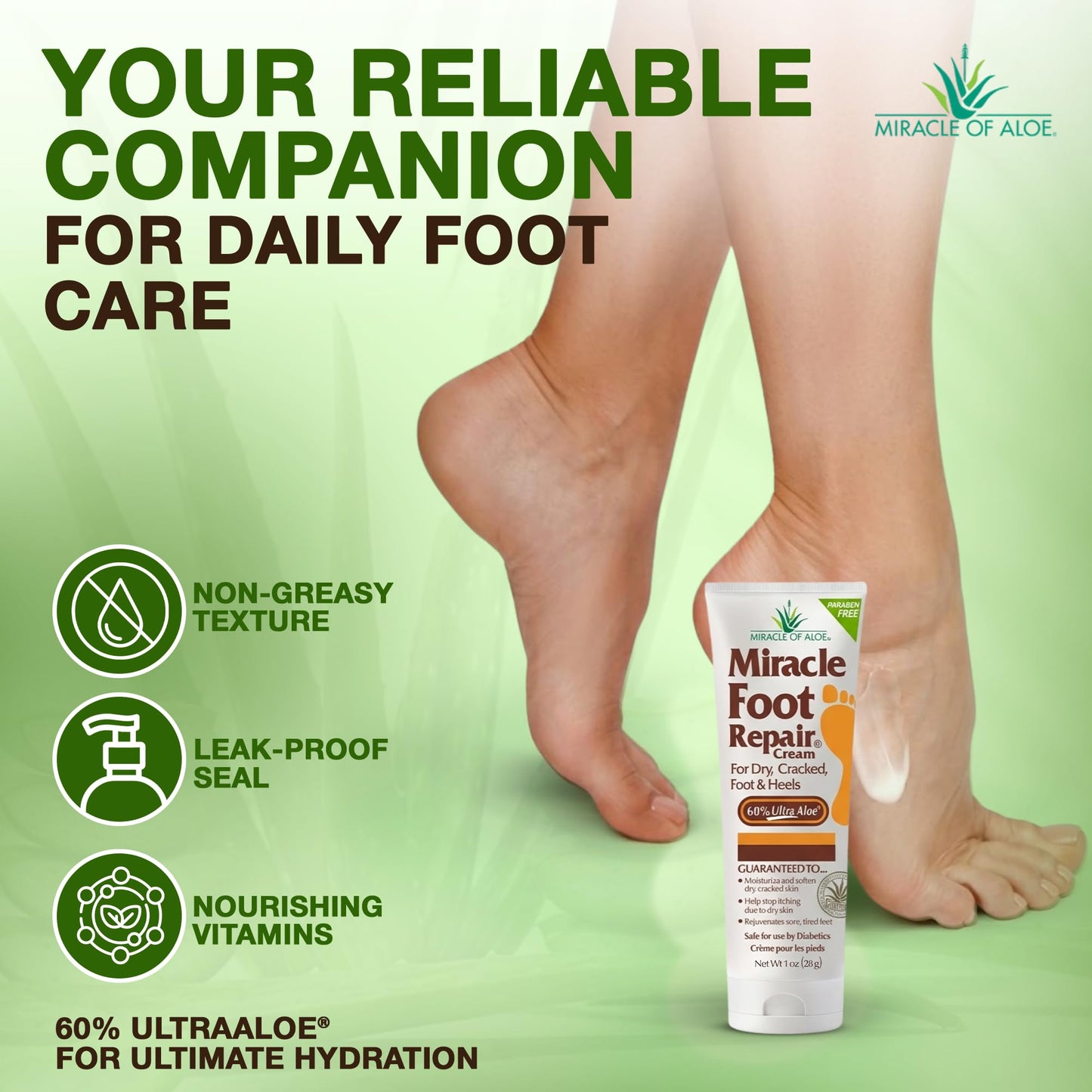 Miracle Foot Repair Cream (8 oz & 1 oz) Repairs Dry Cracked Heels and Feet, 60% Pure UltraAloe Moisturizes, Softens, and Repairs