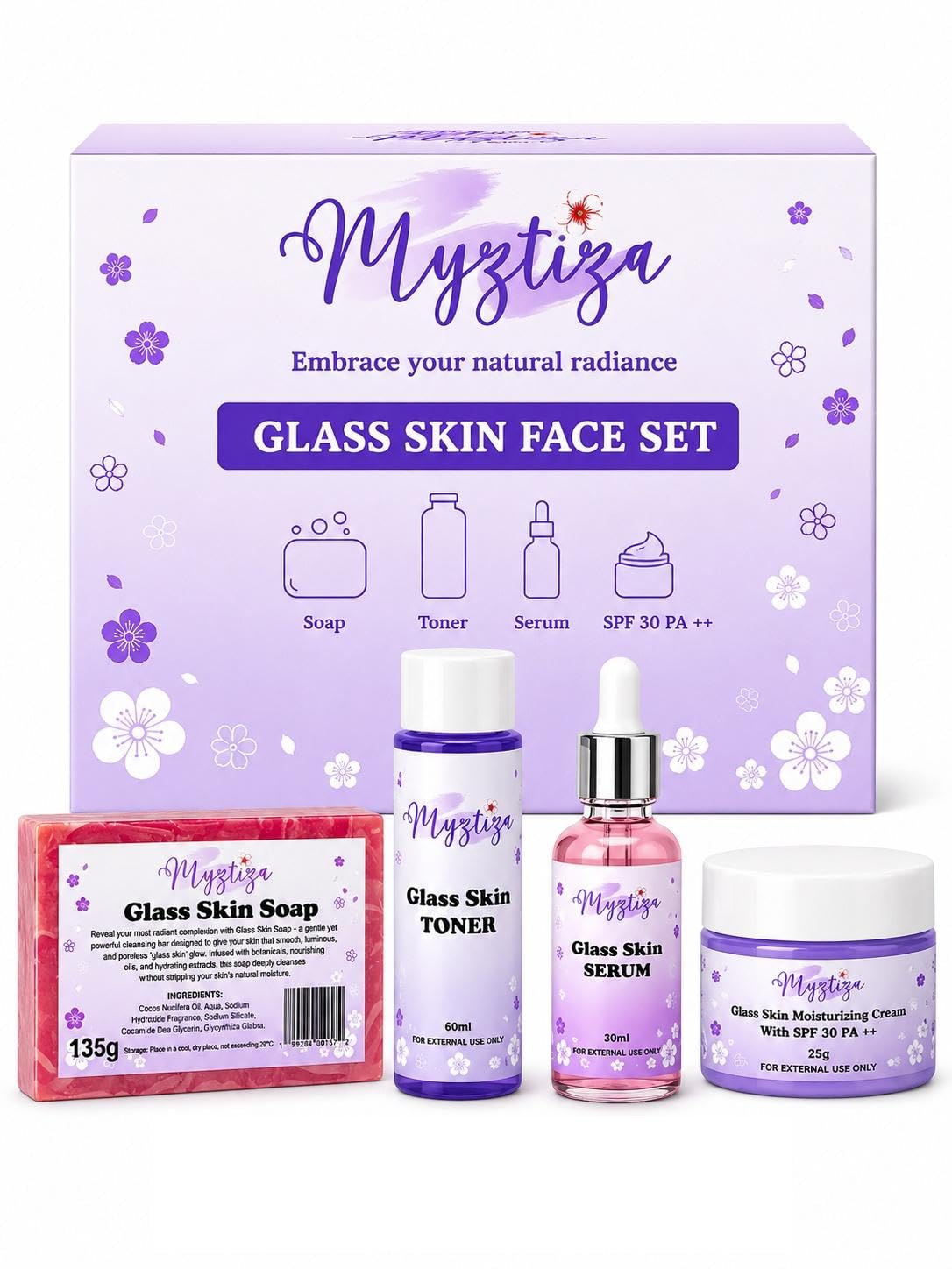 Myztiza Glass Skin Face Set featuring the Glass Skin Soap 135 GM , Toner 60 ML, Serum 30 ML, and Moisturizing Cream with SPF 30 ++ 25 GM: Achieve Radiant, Hydrated, & Glass-Like Skin