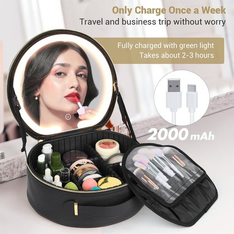 Aiborke Travel Makeup Bag with Led Mirror Makeup Case with Lighted Mirror Cosmetic Organizer bag with Adjustable Dividers and 10x Magnifying Mirror (Black-round)