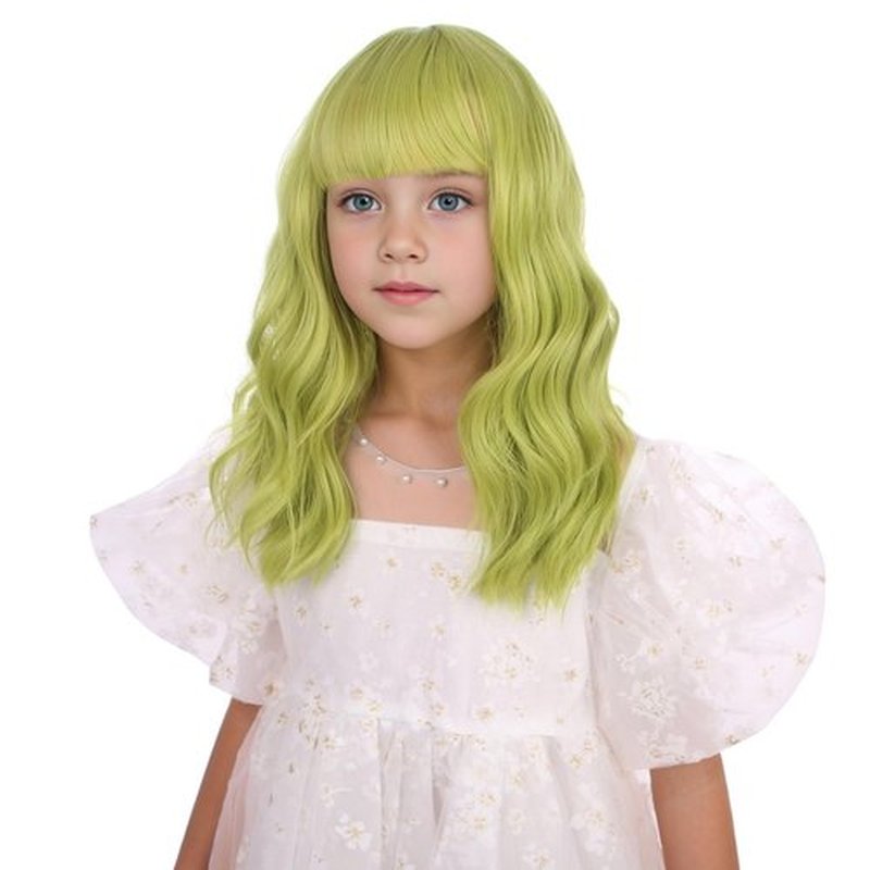 Edivd Child Olive Green Wig Short Light Green Wig with Air Bangs for Girls Kids Short Avocado Green Wavy Curly Wig Heat Resistant Synthetic Wig with Wig Cap