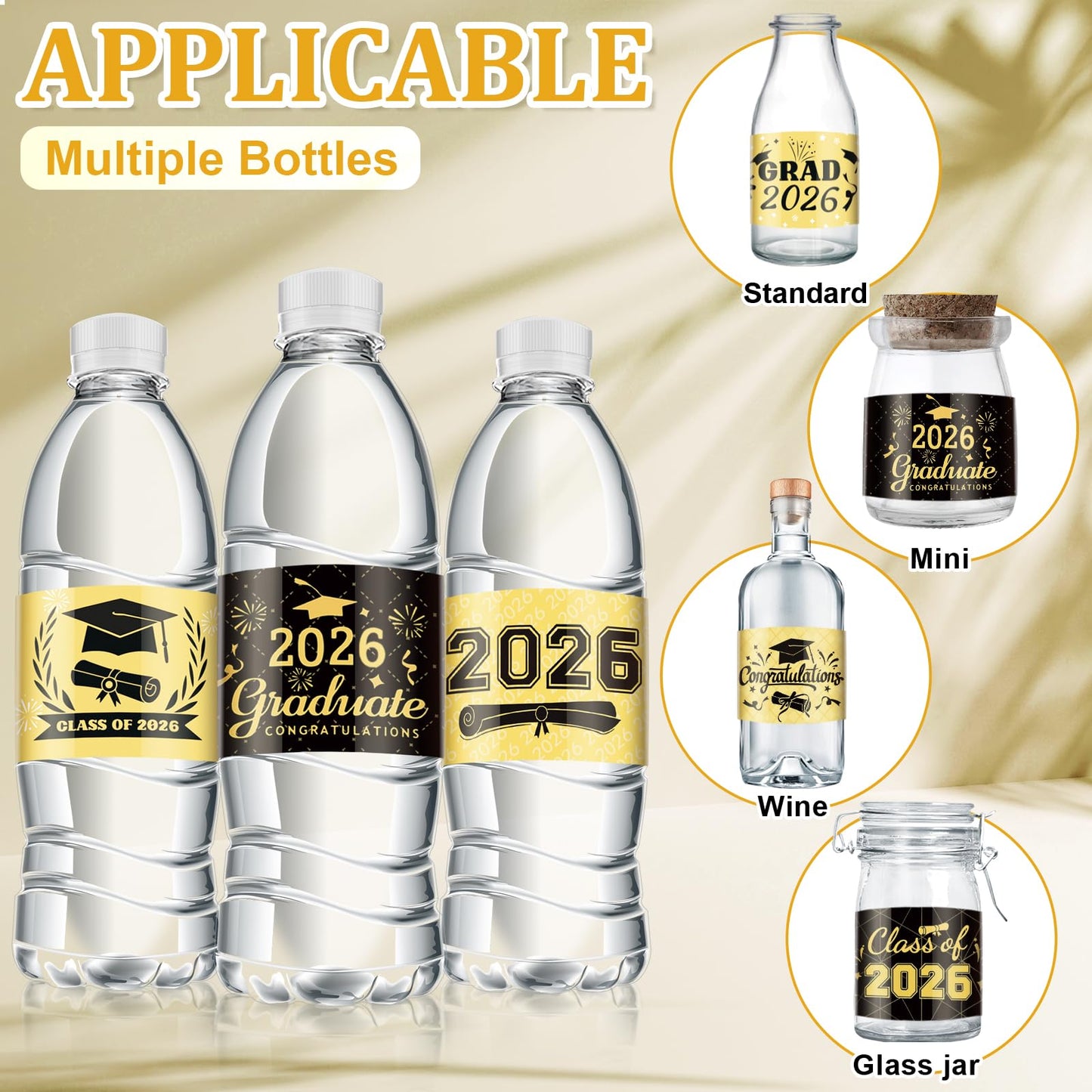 2026 Graduation Water Bottle Labels, 40pcs Graduation Decorations Class of 2026 Personalized Stickers for Bottles, Graduations Favors Party Supplies Decors for High School College (Gold)