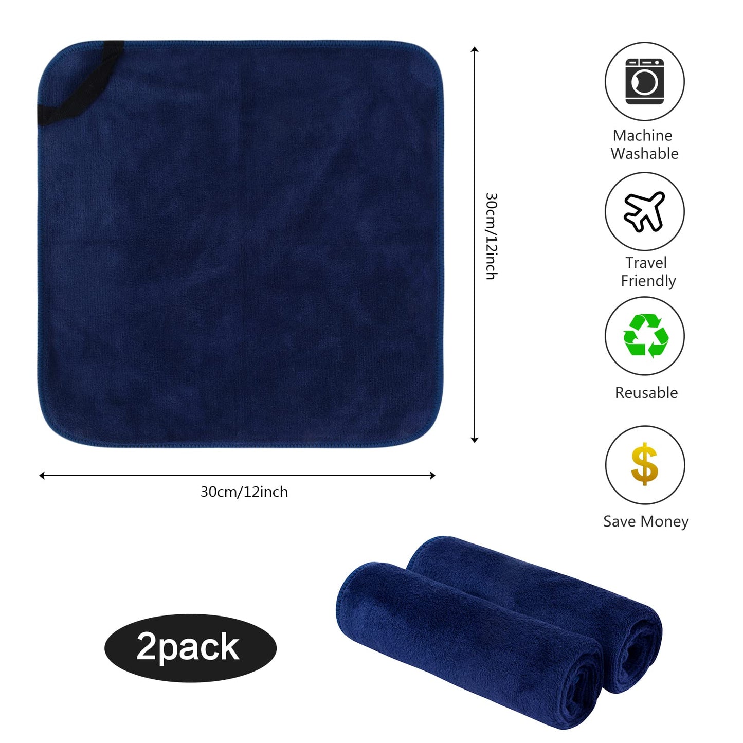 SINLAND Microfiber Facial Cloths Fast Drying Washcloth 12inch x 12inch (Pack of 2, Navy Blue)