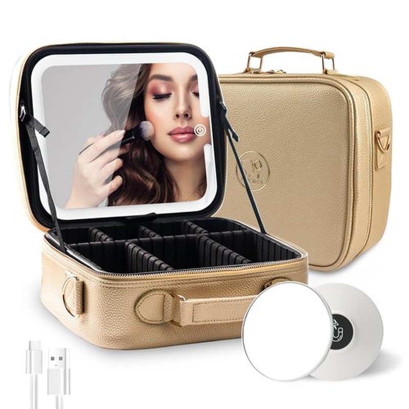 MOMIRA Travel Makeup Bag Cosmetic Bag with Lighted Mirror, Adjustable Brightness in 3 Color Scenarios/Detachable makeup mirror, 2024-All-round Upgrade, Waterproof, Gift for Women -Gold