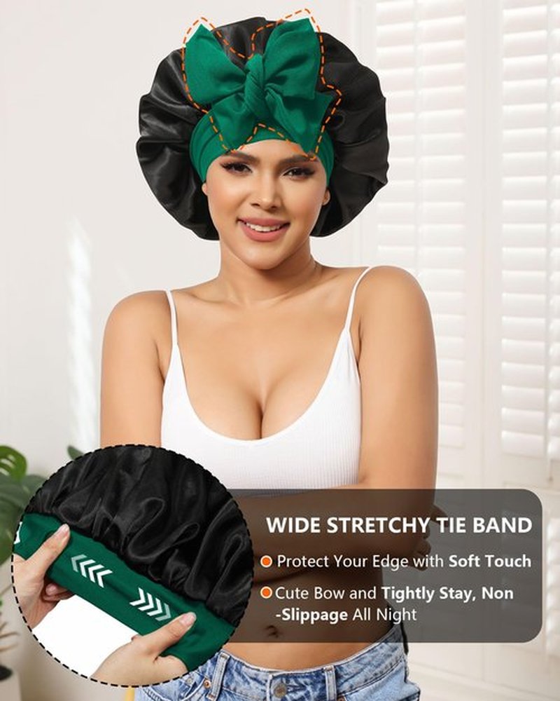Satin Bonnet for Women Silk Bonnets for Sleeping Curly Hair Bonnet with Elastic Tie Band Reversible Double Layer Sleep Cap Hair Wrap (Black + Green)