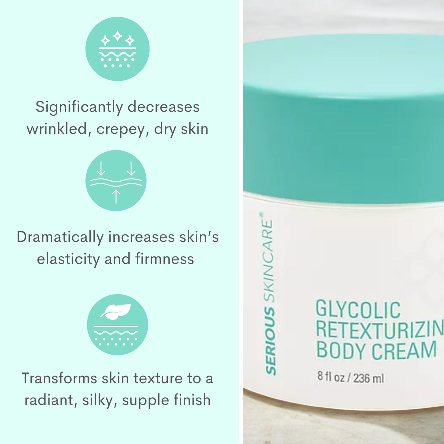 Serious Skincare, Glycolic Firming Retexturizing Body Cream with BODY FIT™, Moisturizing Lotion for Dry Skin, for Loose Crepey Skin Arms, Legs, Belly, Gentle Exfoliation for Smooth & Glowing Skin 8 Oz