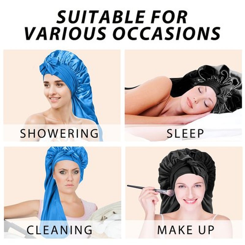 2Pcs Bonnets for Black Women Braid Bonnet, Large Long Satin Bonnet for Braids, Silk Bonnet with Stretchy Tie Band Sleep Cap Hair (2Pcs-Black&Blue)