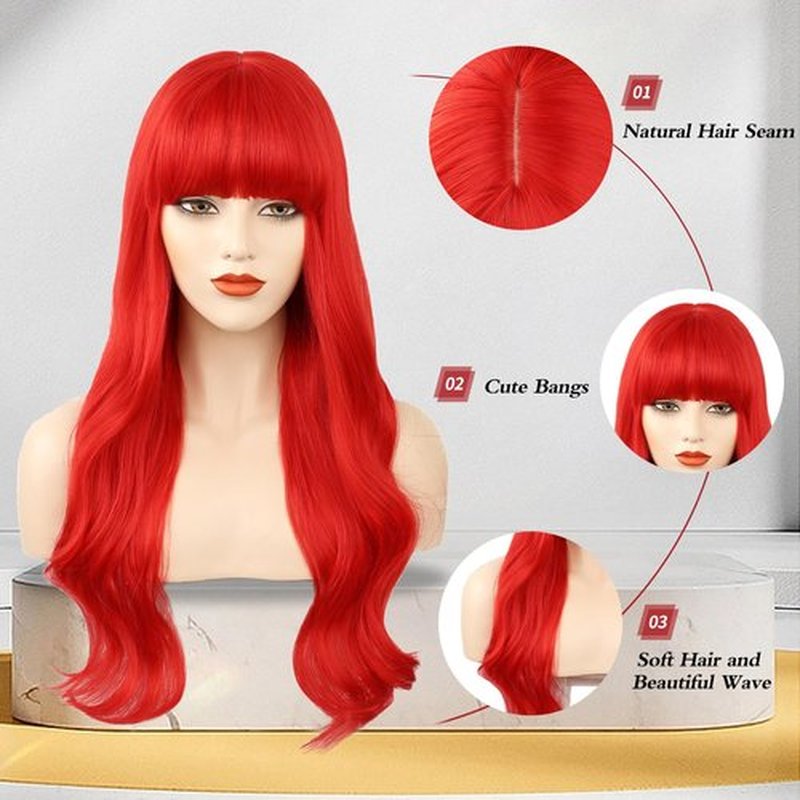 FORCUTEU Red Wig Long Red Wig with Bangs Long Wigs for Women Long Wavy Synthetic Heat Resistant Fiber Wigs for Party Halloween Daily Use
