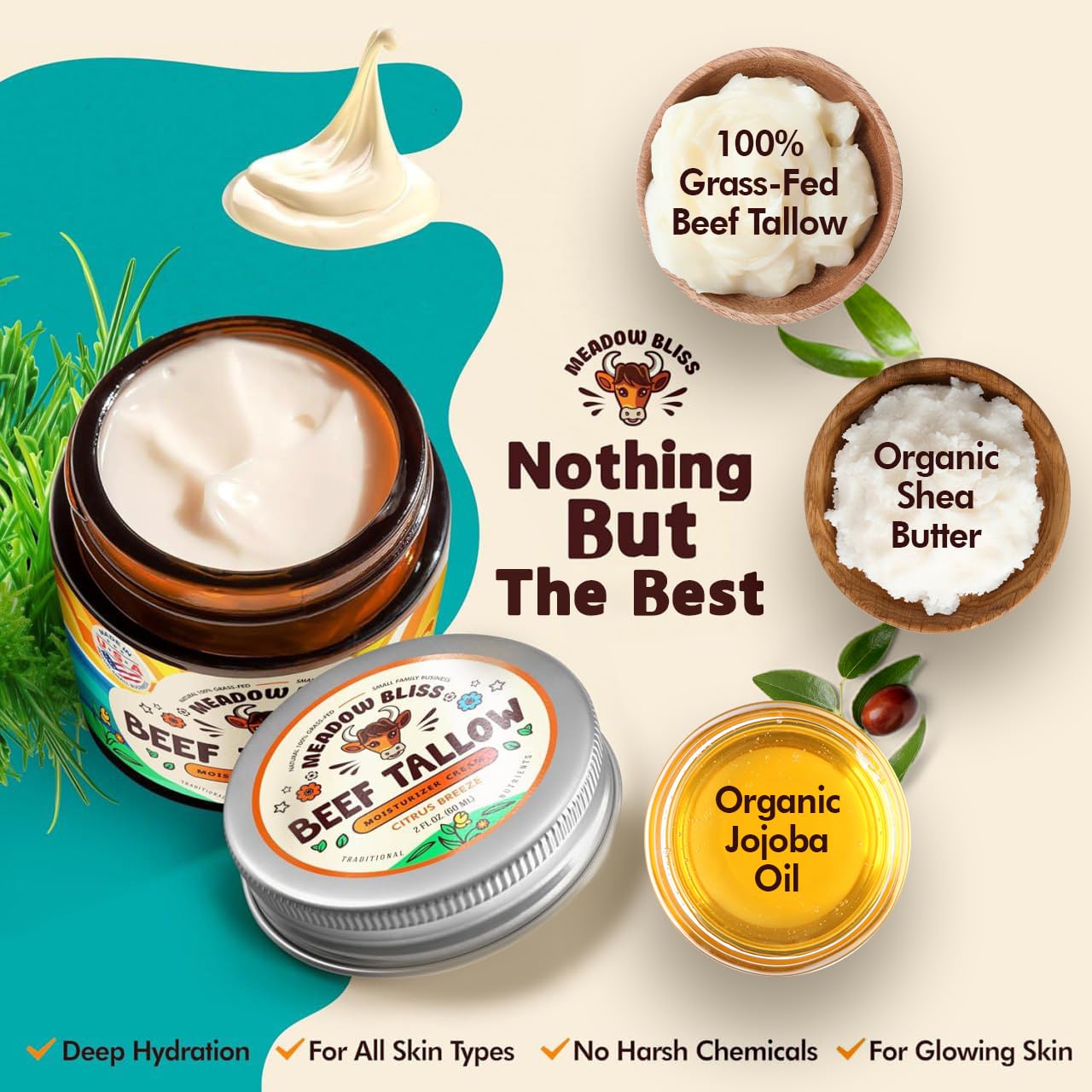 Meadow Bliss Beef Tallow for Skin - Moisturizer Cream - 100% Grass Fed - Whipped Beef Tallow - Organic Jojoba Oil - Organic Shea Butter - Supports Eczema, Rosacea - Made in USA - Unscented - 2 oz