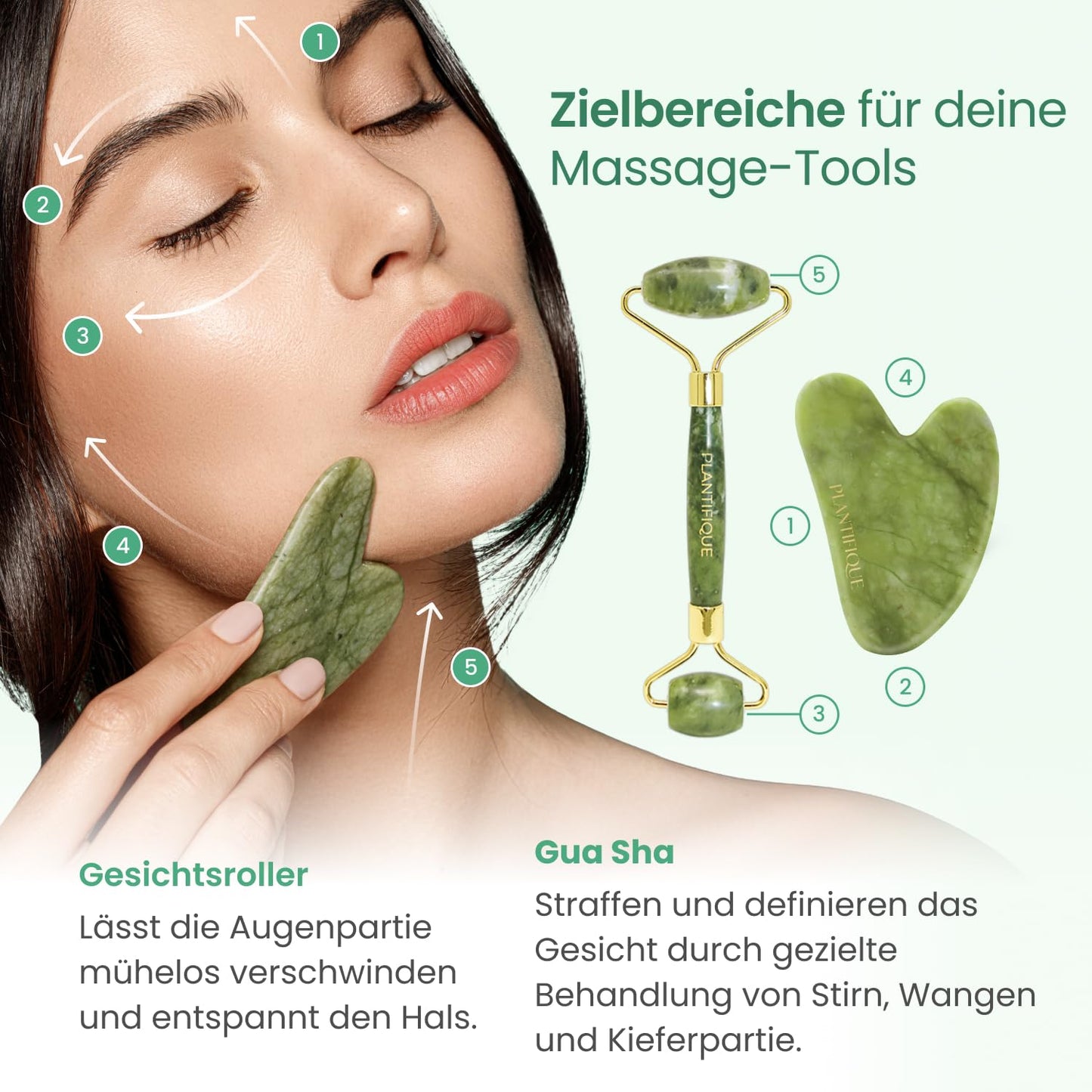 PLANTIFIQUE Jade Roller and Rose Quartz Face Roller with Gua Sha Facial Tools - Includes Real Roller and Gua Sha Set - Certified Face Roller and GuaSha for Your Skincare Routine