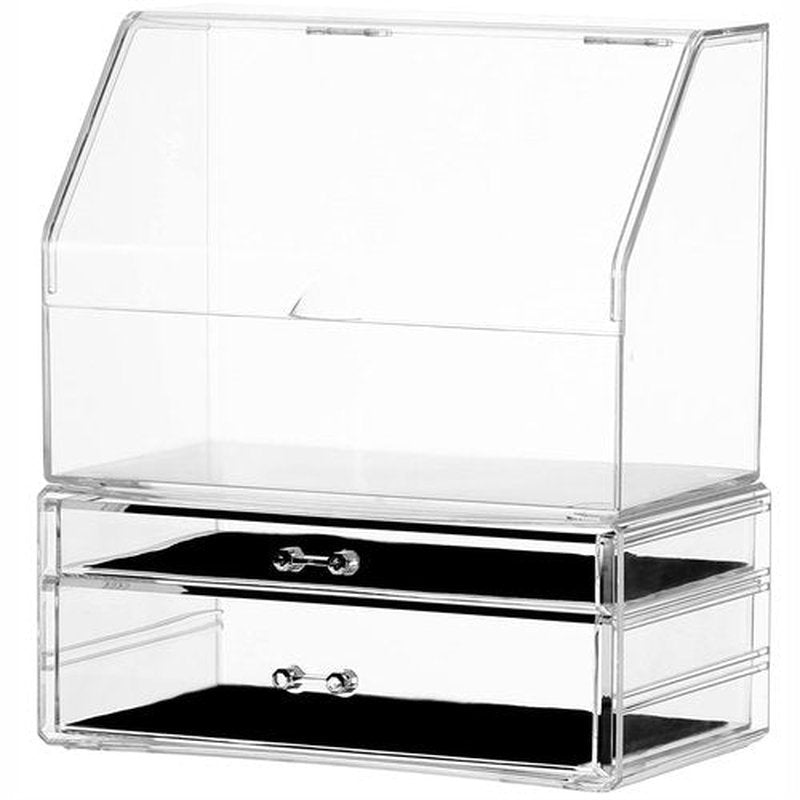 Cq acrylic Makeup Storage Organizer with Dust Water Proof Lid,Clear Cosmetics Display Case with 2 Drawers for Make Up & Skincare Products Storage for Dresser,Bathroom Countertop Organization,Set of 2