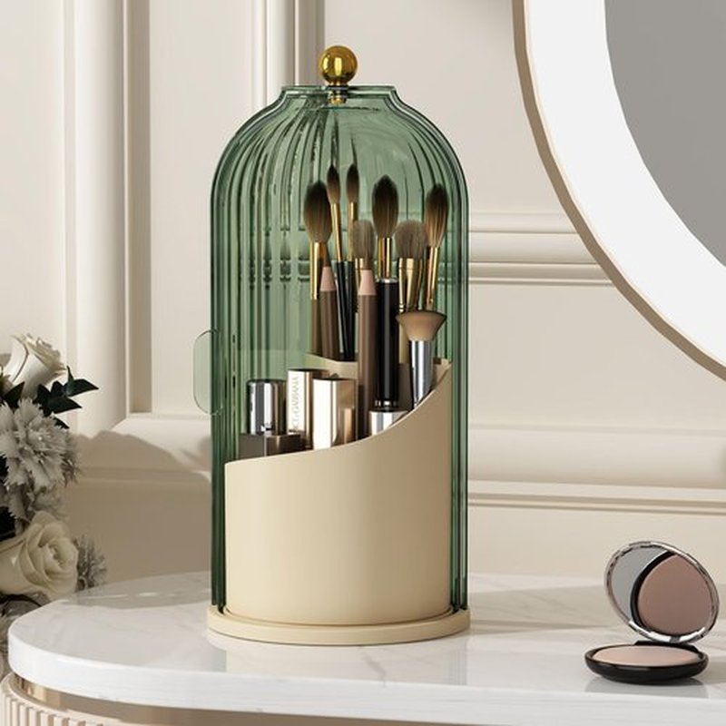 YOOLENS Makeup Brush Holder Organizer with Lid,360 Rotating Clear Dustproof Makeup Brushes Organizer for Vanity Desktop Bathroom Countertop, Green Beige