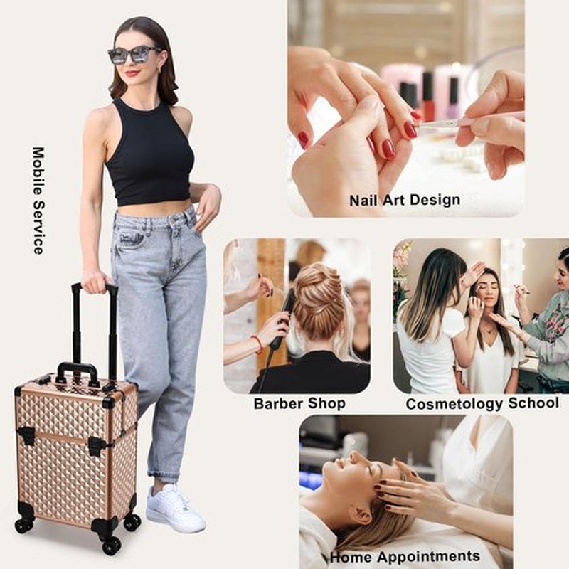 Beauty Rolling Makeup Train Case Cosmetic Trolley 4 Tray Sliding Rail Removable Middle Layer with Key Swivel Wheels Salon Barber Case Cosmetic Organizer Storage Large Travel Case - Rose Gold Diamond