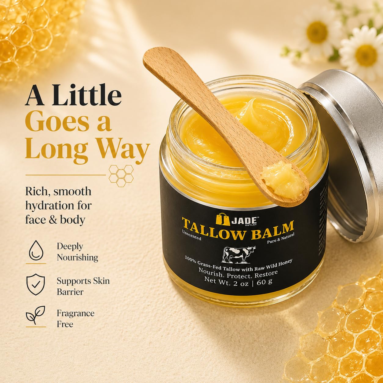 Unscented Tallow Balm for Dry & Sensitive Skin – Grass Fed Beef Tallow, Raw Wild Honey, Shea Butter & Olive Oil – Deep Moisture Face & Body Balm – Fragrance Free – Supports Skin Barrier – 2 oz