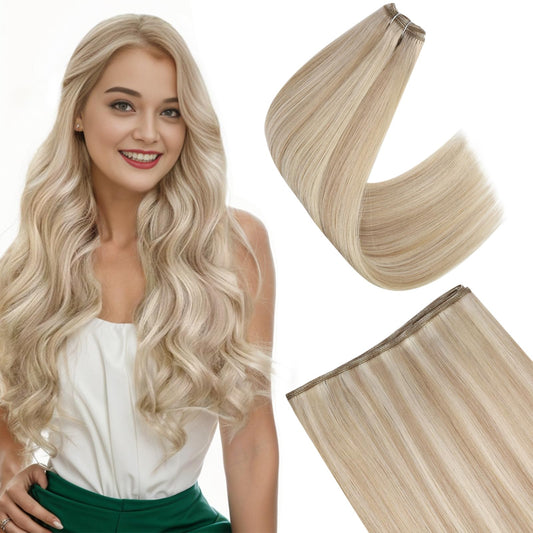 Easyouth Weft Hair Extensions Human Hair Sew in Hair Extensions Remy Hair Weft Ash Blonde Highlight Bleach Blonde Sew in Weft Hair Extensions Bundles 12 Inch 70 Gram