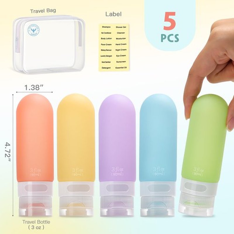 yahaa Travel Bottles for Toiletries,3oz Leak Proof Squeezable Travel Size Containers, 5 Pack TSA Approved Travel Essentials for Shampoo Conditioner,Silicone,White Pack