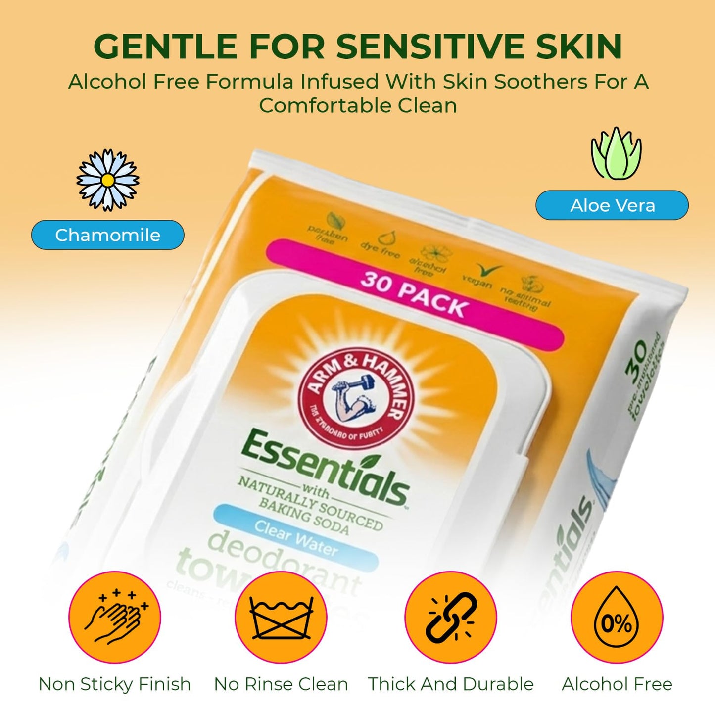 Arm and Hammer Face and Body Wipes for Adults - Deodorant Towelettes 30 Sheets for Women - Shower Wipes for Traveling, Camping, Gym, and Bathing - Alcohol-Free Face Sheets (Simply Fresh)