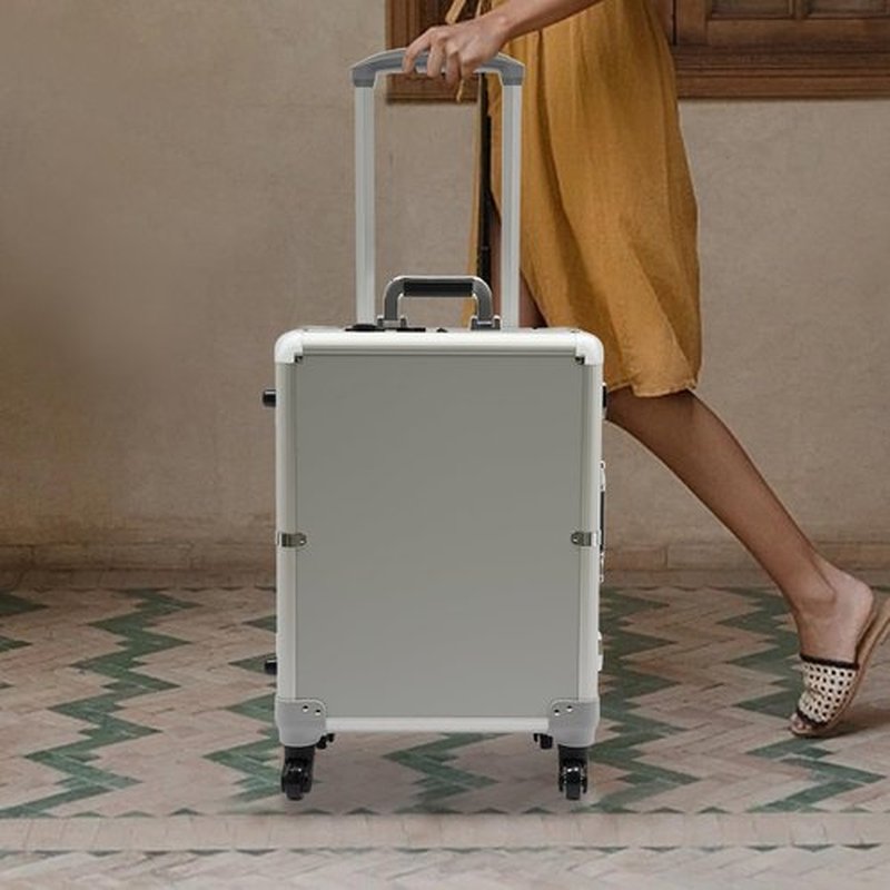 Rolling Makeup Train Case with Lighted Mirror 21" Professional Makeup Storage Organizer Box Make up Carrier Large Artist Trolley Studio Free Standing Case Portable Aluminum Trolley Salon Station